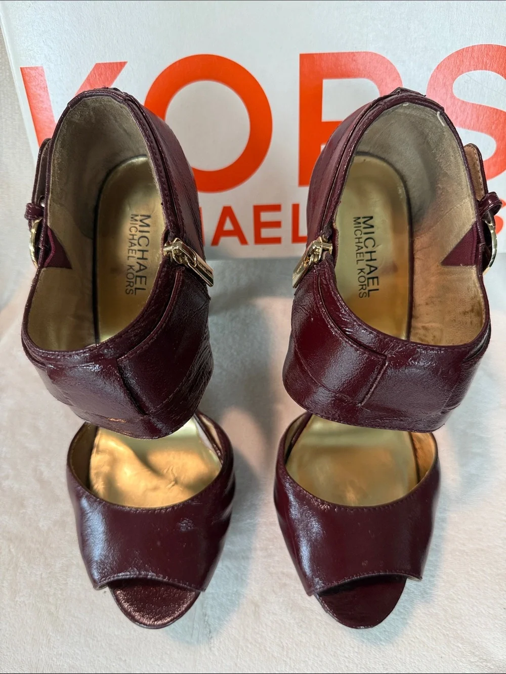 Michael Kors Darby Maroon PatentLeather Platform Stiletto Heels with Gold Buckle